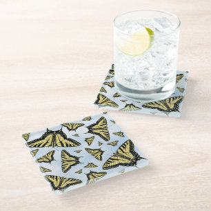 Posavasos De Vidrio Mariposas Swallowtail Amarillas Cielo Azul Persona