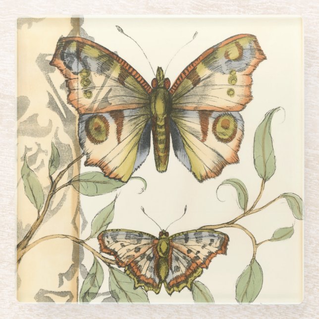 Posavasos De Vidrio Mariposas tándem sobre hojas verdes (Anverso)