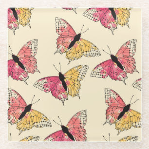 Posavasos De Vidrio Mariposas volando: patrón de marfil ininterrumpido