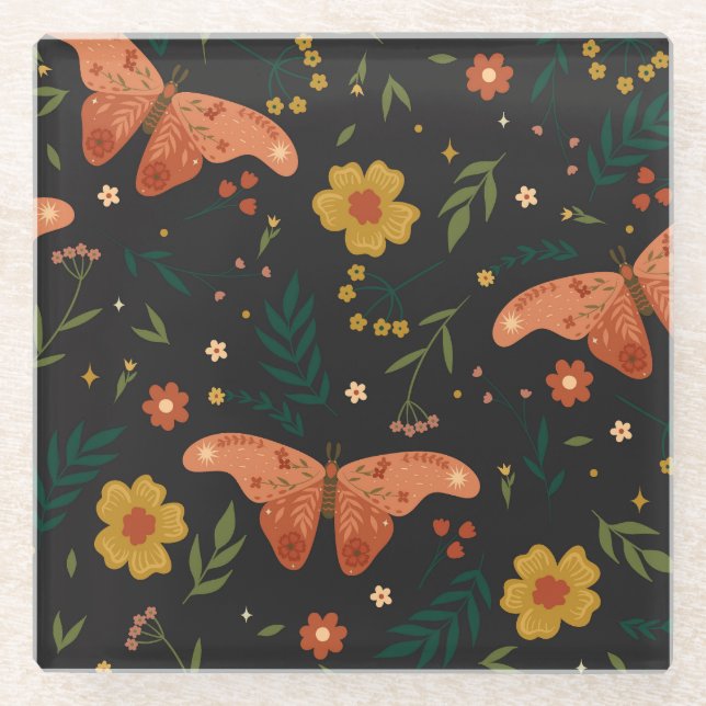 Posavasos De Vidrio Mariposas y flores dibujando a mano (Anverso)