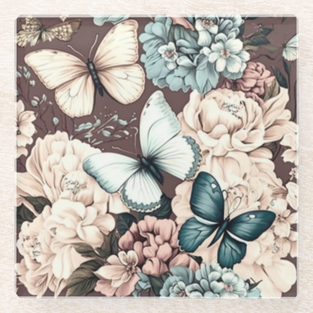 Posavasos De Vidrio Mariposas y flores marrones (Anverso)