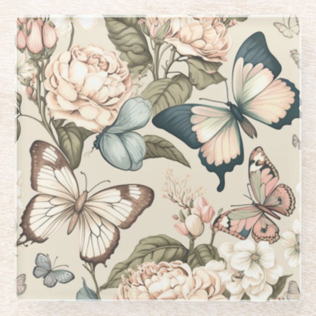 Posavasos De Vidrio Mariposas y flores pastel (Anverso)