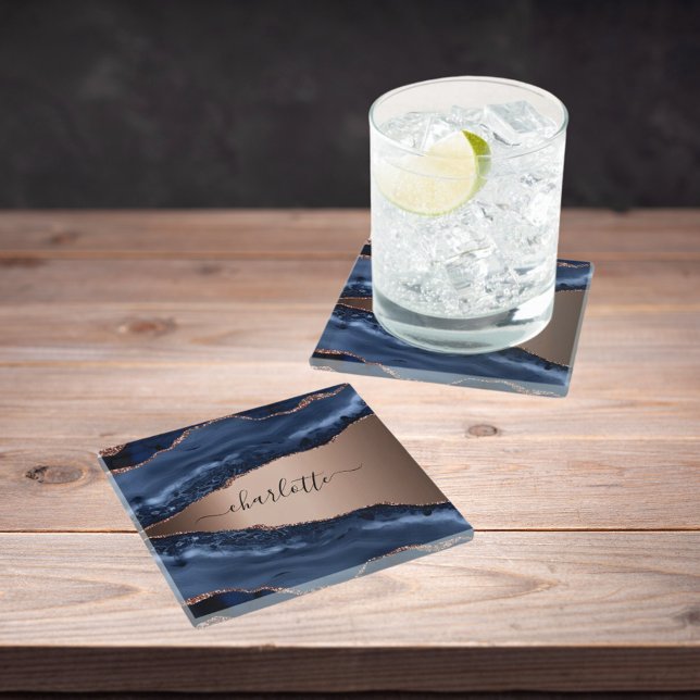 Posavasos De Vidrio Mármol ágata azul rosa oro nombre script (Subido por el creador)