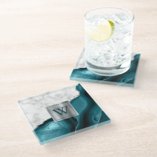 Posavasos De Vidrio Mármol Blanco Agata Azul Teal Plata Monograma