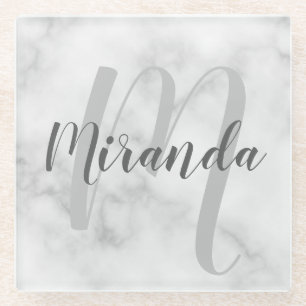 Posavasos De Vidrio Mármol Blanco con Monograma y Nombre Personalizado
