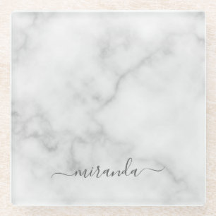 Posavasos De Vidrio Mármol blanco con nombre personalizado de script m