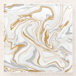 Posavasos De Vidrio Mármol blanco, dorado y gris como el arte fluido d