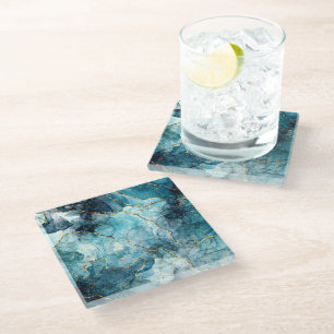 Posavasos De Vidrio Mármol brillante azul y dorado