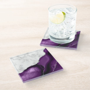 Posavasos De Vidrio Mármol Falso Blanco Purpura Agata Brillo Plateado