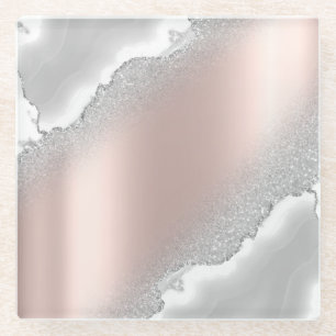Posavasos De Vidrio Mármol plateado con brillo de oro rosa elegante mo