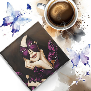 Posavasos De Vidrio Máscara de Mariposa Morada Mujer Elegante Fantasía