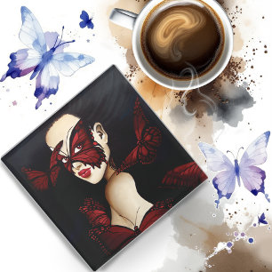 Posavasos De Vidrio Máscara de Mariposa Roja Mujer Fantasía Gótica