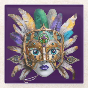Posavasos De Vidrio Máscara de plumas y metal de Mardi Gras