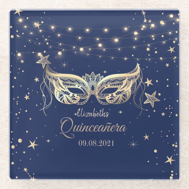Posavasos De Vidrio Mascarada, Estrellas Azul de la Marina Quinceañera (Anverso)