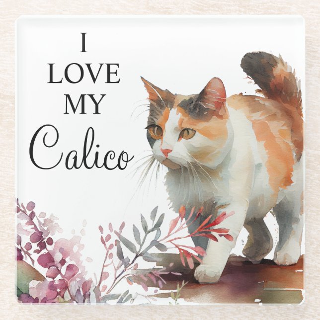 Posavasos De Vidrio Mascota de acuarela Calico Cat con flores de prima (Anverso)