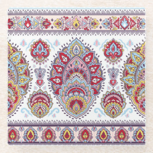 Posavasos De Vidrio Medallón indio paisley floral, étnico.