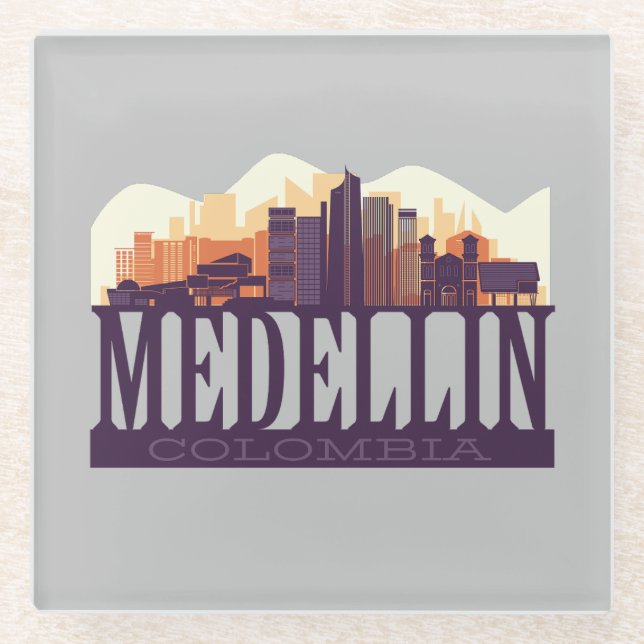 Posavasos De Vidrio Medellín Colombia Skyline City Souvenir (Anverso)