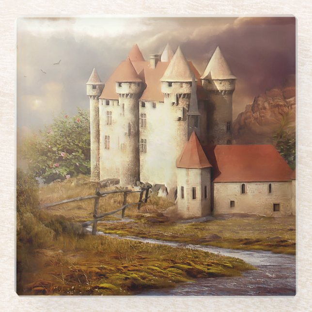 Posavasos De Vidrio Medieval Castle River Run (Anverso)
