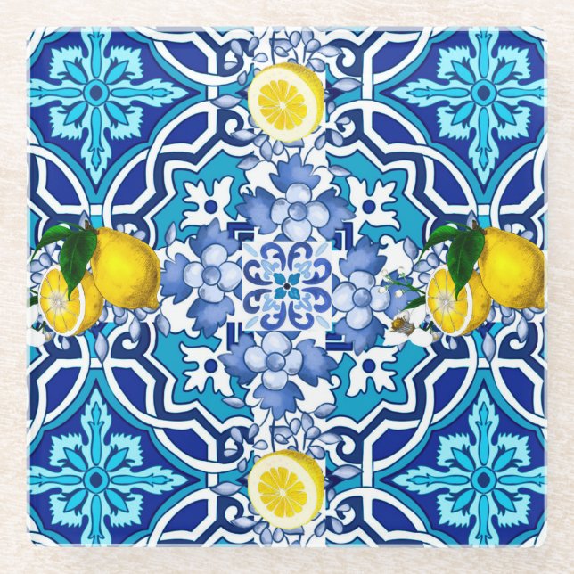Posavasos De Vidrio Mediterráneo,majólica,tejas ,limones,cítricos (Anverso)