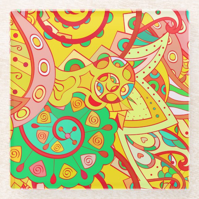 Posavasos De Vidrio Mehndi Doodle: Colorida textura étnica. (Anverso)