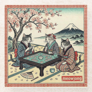 Posavasos De Vidrio Meowjong Gatos Divertidos Mahjong Japonés Ukiyo-e