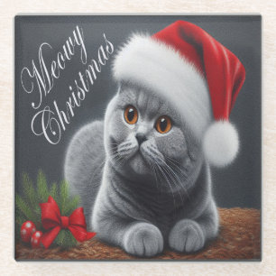 Posavasos De Vidrio Meowy Navidades British Shorthair Santa Cat