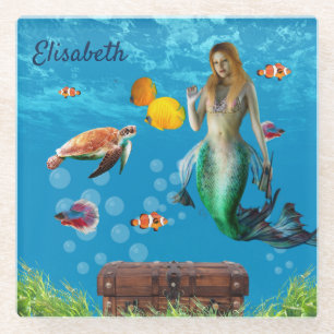 Posavasos De Vidrio Mermaid subacuático Treasure Hunt Fantasy Blue