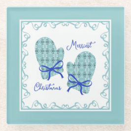 Posavasos De Vidrio Merriest Christmas Mittens Blue Bow Holiday
