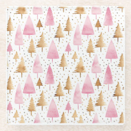 Posavasos De Vidrio Merry Christmas Gold Pink Tree