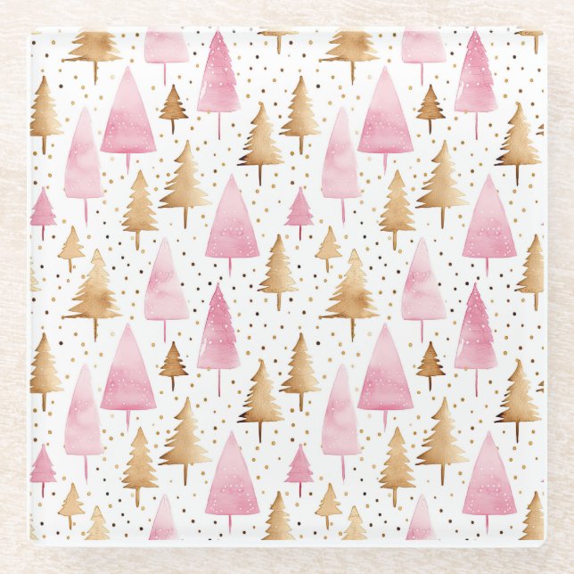 Posavasos De Vidrio Merry Christmas Gold Pink Tree (Anverso)