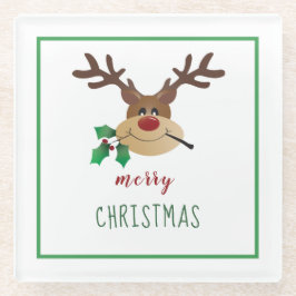Posavasos De Vidrio Merry Christmas Reindeer Mistletoe Green