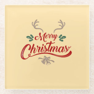 Posavasos De Vidrio Merry Christmas Vintage Design   Rojo y Verde