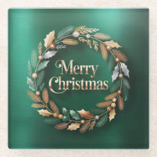 Posavasos De Vidrio Merry Christmas Wreath Square Glass Coaster