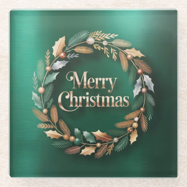 Posavasos De Vidrio Merry Christmas Wreath Square Glass Coaster (Anverso)