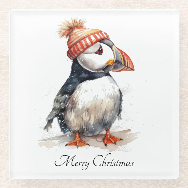 Posavasos De Vidrio Merry Puffin, personalizado (Anverso)