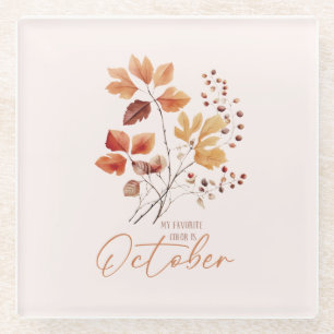Posavasos De Vidrio Mi Color Favorito Es Octubre -Hojas De Otoño Y Pin