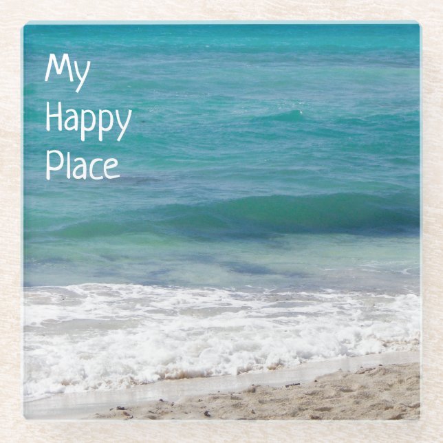Posavasos De Vidrio Mi lugar feliz Mar Caribe (Anverso)