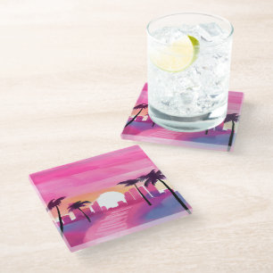 Posavasos De Vidrio Miami en Rosa   Pintura Acuarela Brillante