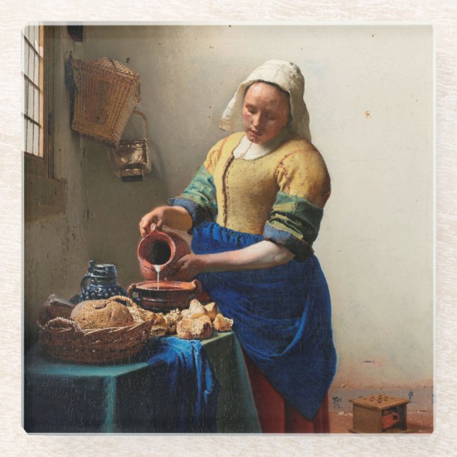 Posavasos De Vidrio Milkmaid Kitchen Maid por Johannes Vermeer (Anverso)