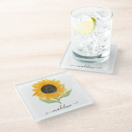 Posavasos De Vidrio Minimal Rustic Sunflower Personalized Name Script