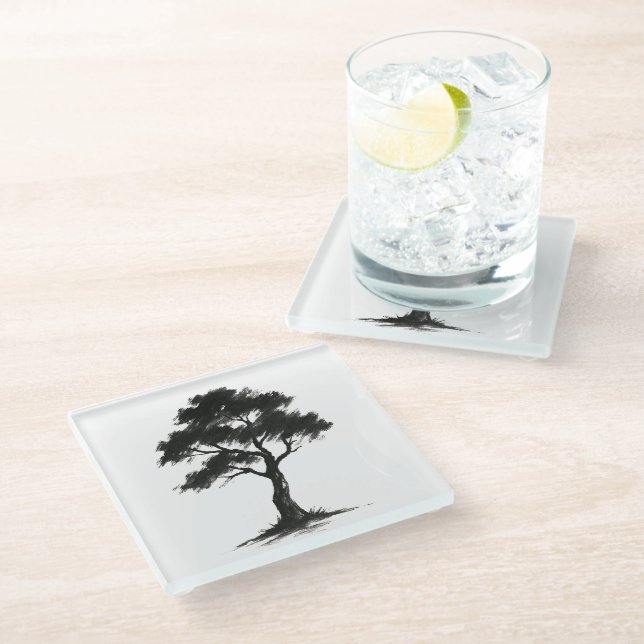 Posavasos De Vidrio Minimalist Tree – Ink Brush Nature Illustration on (Angular)