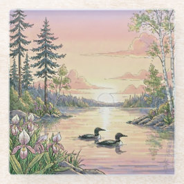 Posavasos De Vidrio Minnesota Lake Sunset with Loons, Coaster