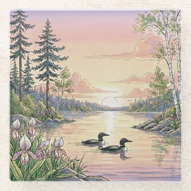 Posavasos De Vidrio Minnesota Lake Sunset with Loons, Coaster (Anverso)
