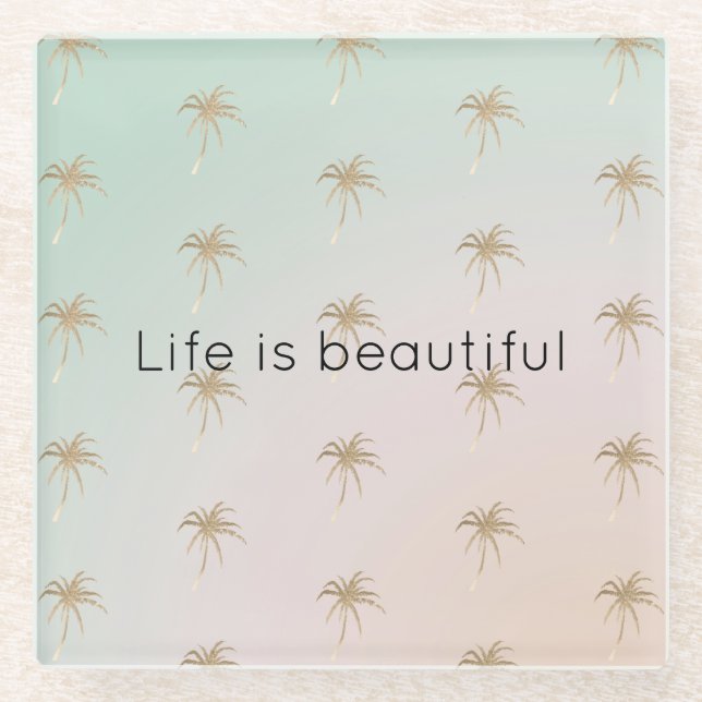 Posavasos De Vidrio Mint Cream Ombre Tropical Gold Palm Trees (Anverso)