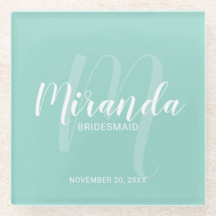 Posavasos De Vidrio Mint Green Modern Script Personalizado Bridesmaids