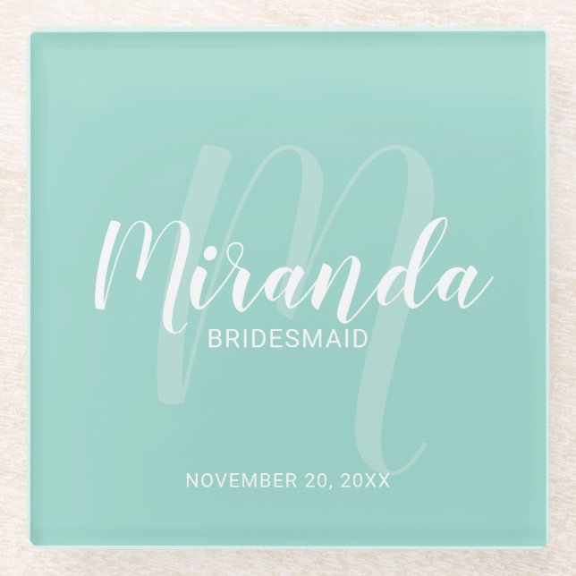 Posavasos De Vidrio Mint Green Modern Script Personalizado Bridesmaids (Anverso)