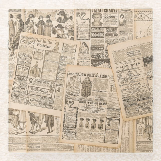 Posavasos De Vidrio Moda antigua: Páginas publicitarias de periódicos (Anverso)