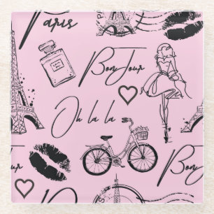 Posavasos De Vidrio Moda, caligrafía, Torre Eiffel, labios
