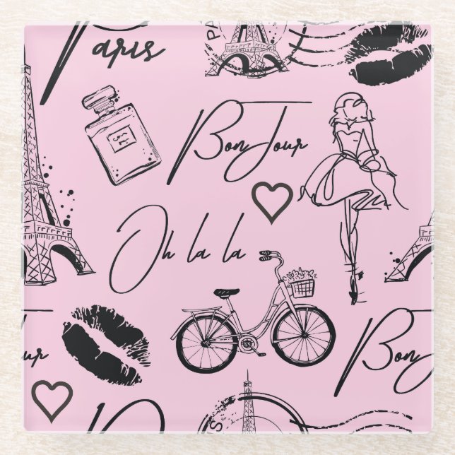 Posavasos De Vidrio Moda, caligrafía, Torre Eiffel, labios (Anverso)