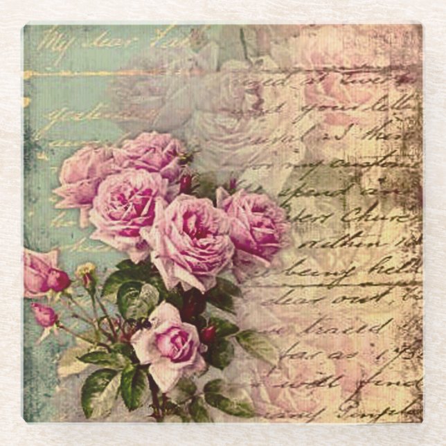 Posavasos De Vidrio Moda de campo francesa, chic y shabby, rosas rosad (Anverso)